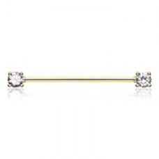Golden Double Prong Cubic Zirconia Gem Industrial Barbell