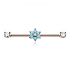 Rose Gold Turquoise Spring Flower Sparkle CZ Industrial Barbell