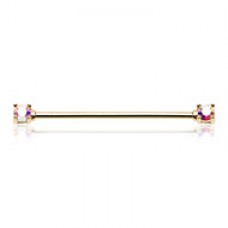 Golden Double Prong Brilliant Sparkle Gem Industrial Barbell