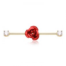 Golden Cubic CZ Blooming Rose Flower Prong Set Industrial Barbell