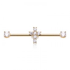 Golden Cubic CZ Bling Cross Prong Set Industrial Barbell