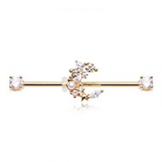 Golden Cubic CZ Bling Celestial Moon Star Prong Set Industrial Barbell