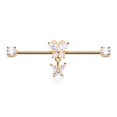 Golden Cubic CZ Bling Butterfly Dangle Prong Set Industrial Barbell