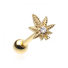 Golden Marijuana Cannabis Pot Leaf Steel Barbell Tongue Ring