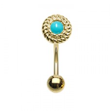 Golden Round Ornate Rope Turquoise Curved Barbell Eyebrow Ring