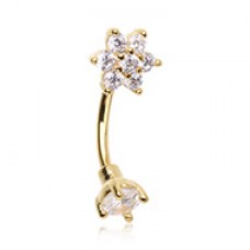 Golden CZ Flower Gem Prong Curved Barbell Eyebrow Ring