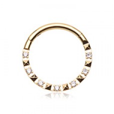 Golden Gemmed Pyramid Front Stamped Steel Seamless Hinged Clicker Ring