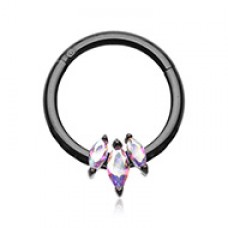 Black Triple Gem Marquis Steel Seamless Hinged Clicker Ring