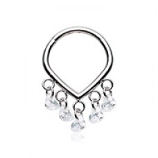 Teardrop 5 CZ Heart Dangle Steel Seamless Hinged Clicker Ring
