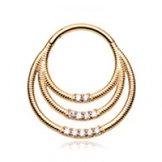 Golden Triple Row Front Facing Multi Gem Steel Seamless Hinged Clicker Ring