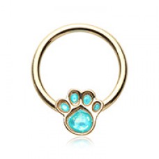 Golden Animal Lover Paw Print Glitter Opal Steel Captive Bead Ring