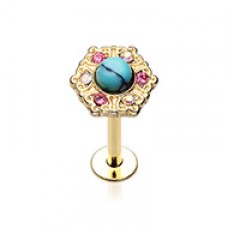 Golden Ornate Turquoise Center Top Steel Labret
