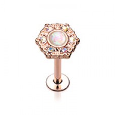 Rose Gold Ornate AB Gem Glitter Opal Top Steel Labret