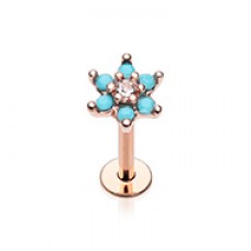 Rose Gold Turquoise Spring Flower Sparkle Top Steel Labret