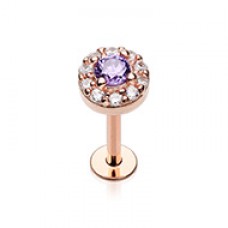 Rose Gold Round Embellished CZ Ornate Top Steel Labret