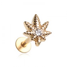 Golden Marijuana Cannabis Pot Leaf Steel Flat Back Labret