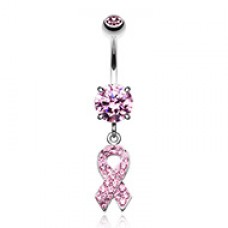 Pink Breast Cancer Awareness Ribbon Multi-Sprinkle Dot Dangle Belly Button Ring