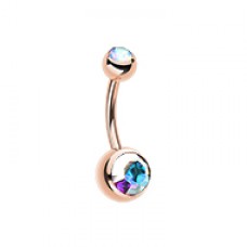Rose Gold Double Gem Ball Steel Belly Button Ring