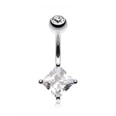 Classic Cubic Zirconia Square Gem Prong Sparkle Belly Button Ring