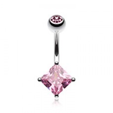 Classic Cubic Zirconia Square Gem Prong Sparkle Belly Button Ring