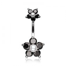 Cubic Zirconia Sparkle Pearl Bead Flower Belly Button Ring