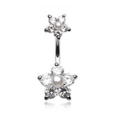 Cubic Zirconia Sparkle Pearl Bead Flower Belly Button Ring