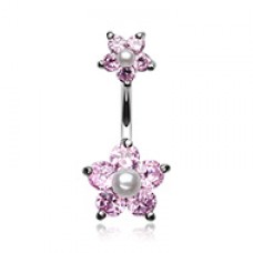 Cubic Zirconia Sparkle Pearl Bead Flower Belly Button Ring