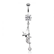 Wishing Star and Moon Cubic Zirconia Belly Button Ring