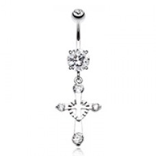 Heart in Cross Cubic Zirconia Belly Button Ring