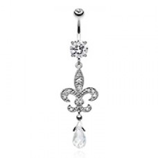Glistening Fleur De Lis Cubic Zirconia Belly Button Ring
