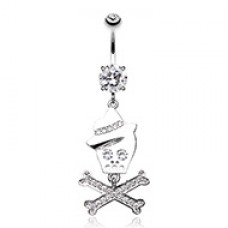 Fedora Skull & Crossbones Sparkle Cubic Zirconia Belly Button Ring