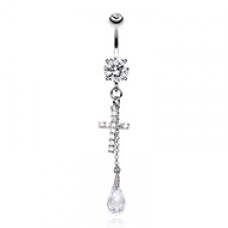 Mini Cross Chain Dangle Cubic Zirconia  Belly Button Ring