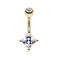 Golden Square Gem Prong Sparkle Cubic Zirconia Belly Button Ring