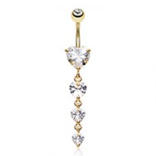 Golden Brilliant Heart Cascade Cubic Zirconia Belly Button Ring