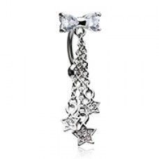 Reversible Drop Down CZ Bow Stars Cubic Zirconia Belly Button Ring