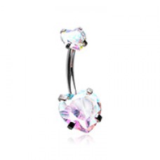 Internally Threaded Cubic Zirconia Double Prong Heart Belly Button Ring
