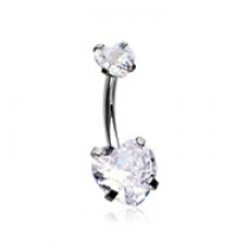 Internally Threaded Cubic Zirconia Double Prong Heart Belly Button Ring