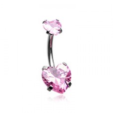 Internally Threaded Cubic Zirconia Double Prong Heart Belly Button Ring