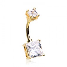 Golden Classic Square Princess Cut Prong Cubic Zirconia Belly Button Ring