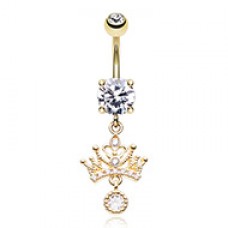 Golden Dainty Crown Dangle Cubic Zirconia Belly Button Ring