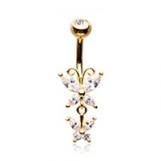 Golden Double Butterfly Drop Cubic Zirconia Belly Button Ring