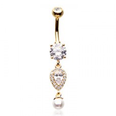 Golden Pearl Teardrop Sparkle Cubic Zirconia Belly Button Ring