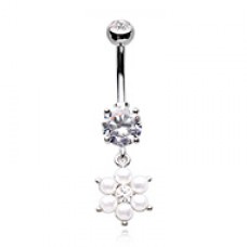 Treasured Pearl Flower Cubic Zirconia Belly Button Ring