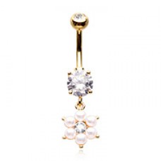 Golden Treasured Pearl Flower Cubic Zirconia Belly Button Ring