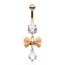 Golden Dainty Mesh Bow Cubic Zirconia Belly Button Ring