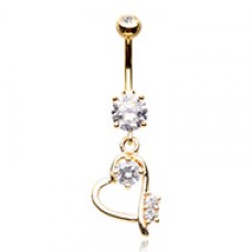 Golden Tilted Heart Drop Cubic Zirconia Belly Button Ring