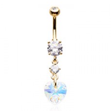 Golden Iridescent Heart Drop Cubic Zirconia Belly Button Ring