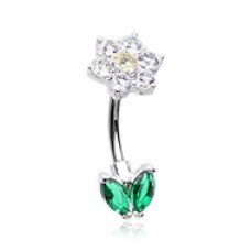 Double Icon Blooming Flower Cubic Zirconia Belly Button Ring