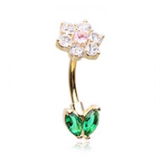 Golden Double Icon Blooming Flower Cubic Zirconia Belly Button Ring