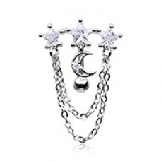 Chained Celestial Stars Cubic Zirconia Drop Top Reverse Belly Button Ring